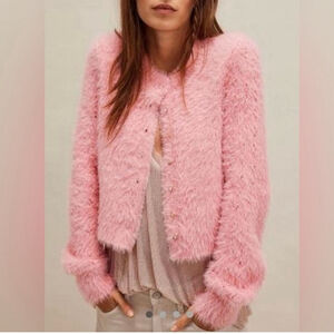 FREE PEOPLE FuzzyKnit CELESTE JewelButton Cardigan Cotton blend Pink Sz Small